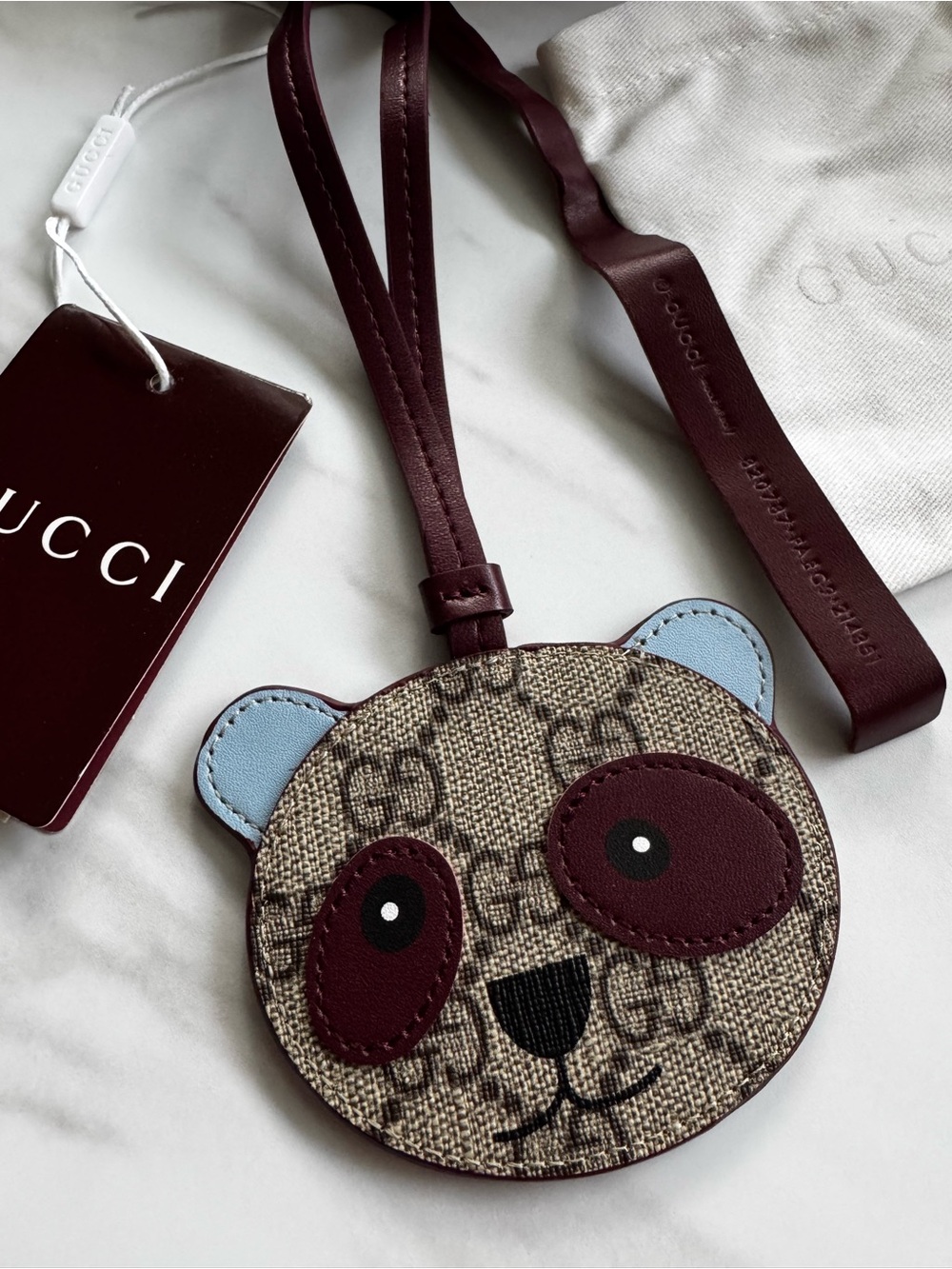 Gucci Panda Face GG Canvas Lanyard - Burgundy, Light Blue & Beige